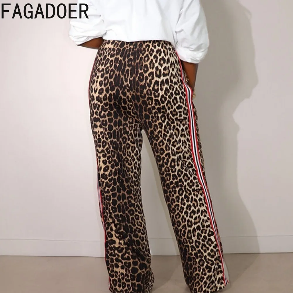 FAGADOER Casual Leopard Print Straight Pants Women Drawstring Stripe Patchwork Wide Leg Pant Trousers Female Streetwear Bottoms