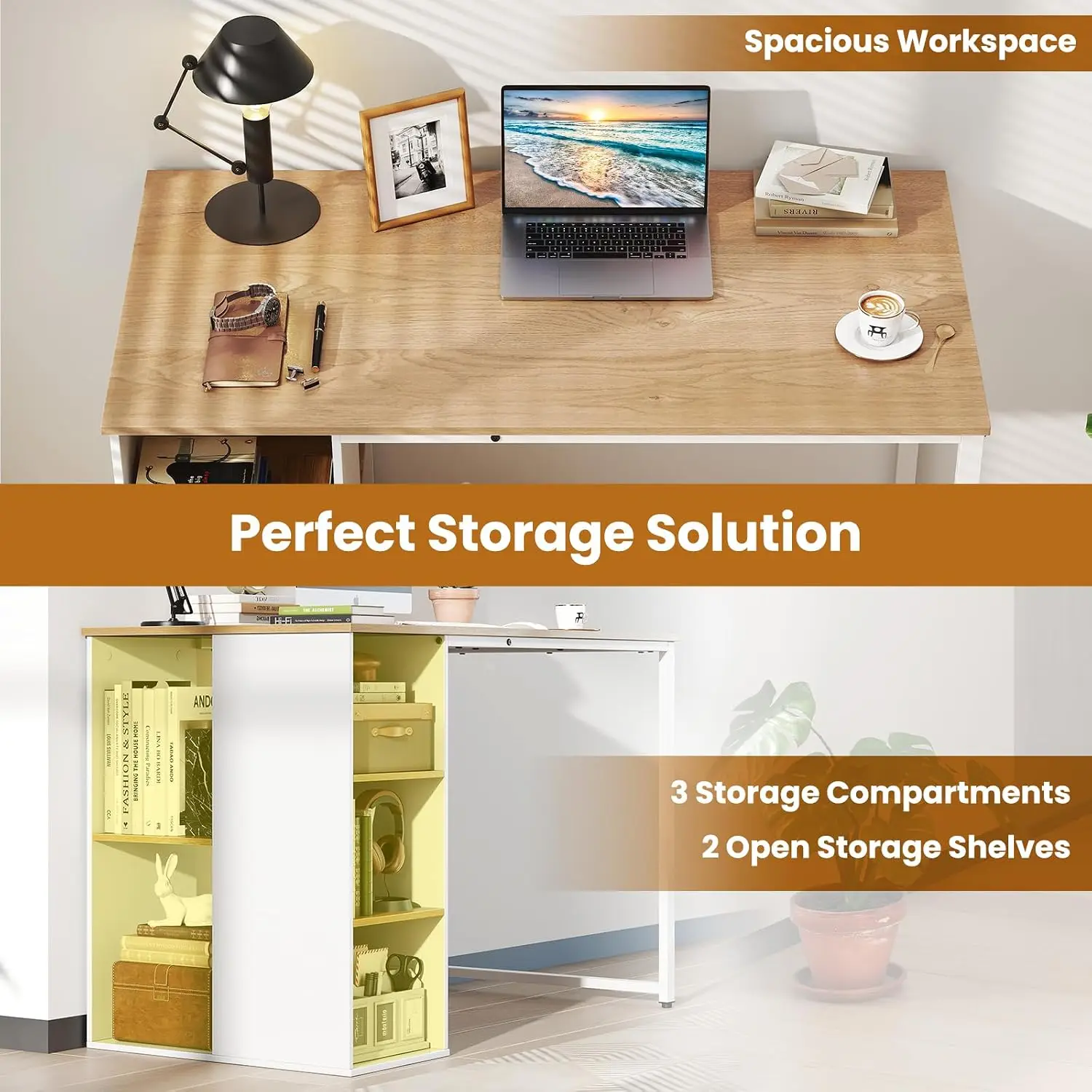 Computer Desk with 5 Storage Shelves, 45 Inch Home Office Workstation & Writing Table for Bedroom, Natural, Customized