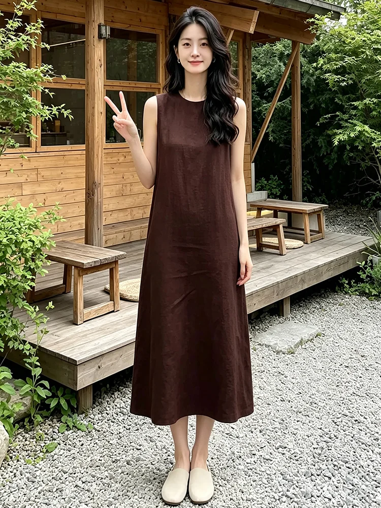 Deep Brown Simple Elegance Vest Dress Women Summer Mid-Length High-End Sensation Age-Defying Lazy Style Skirt Extremely Attra...