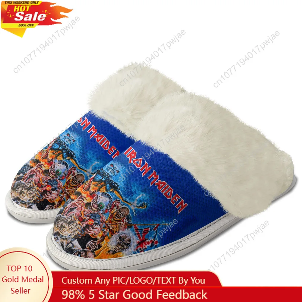 

I-Iron M-Maidens Rock Band Plush fur-edged Slippers Mens Womens Home Cotton Keep Warm Plush Custom Slippers