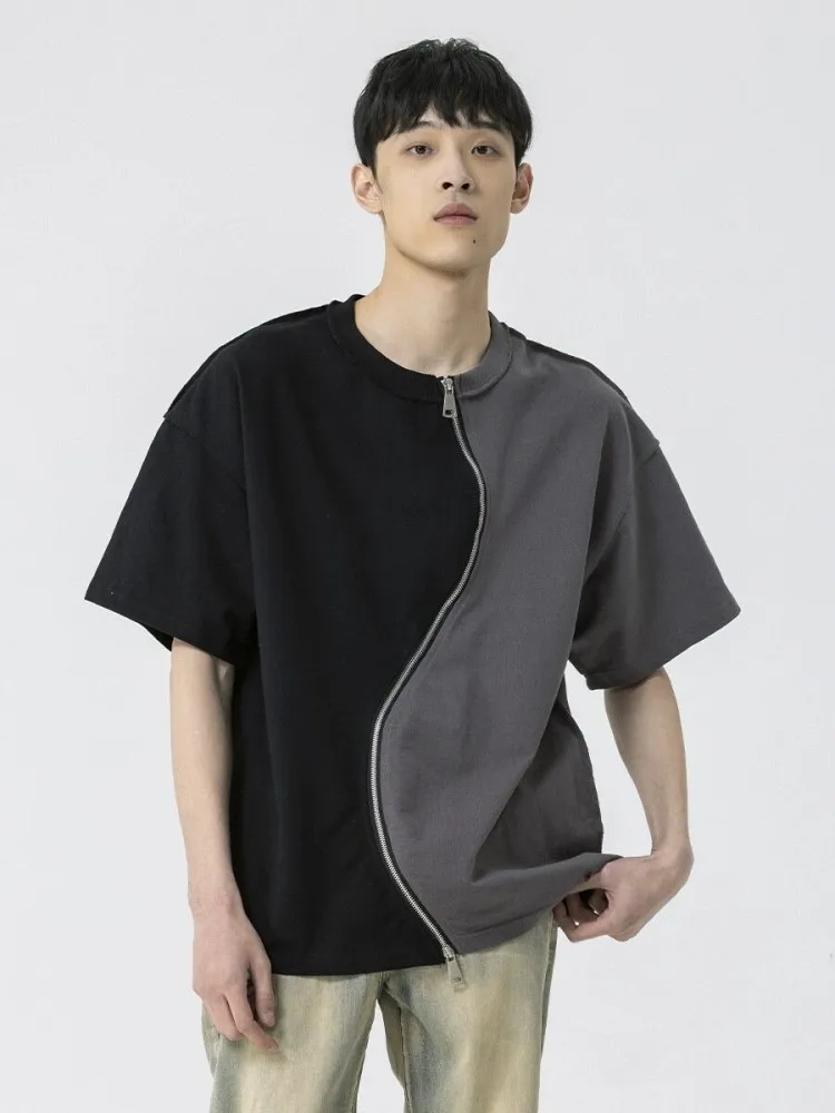 Male Summer American Style High Street Colors Panelled T-Shirt Short Sleeve Pullover Tees Top O-Neck Casual Loose Fit T-Shirts