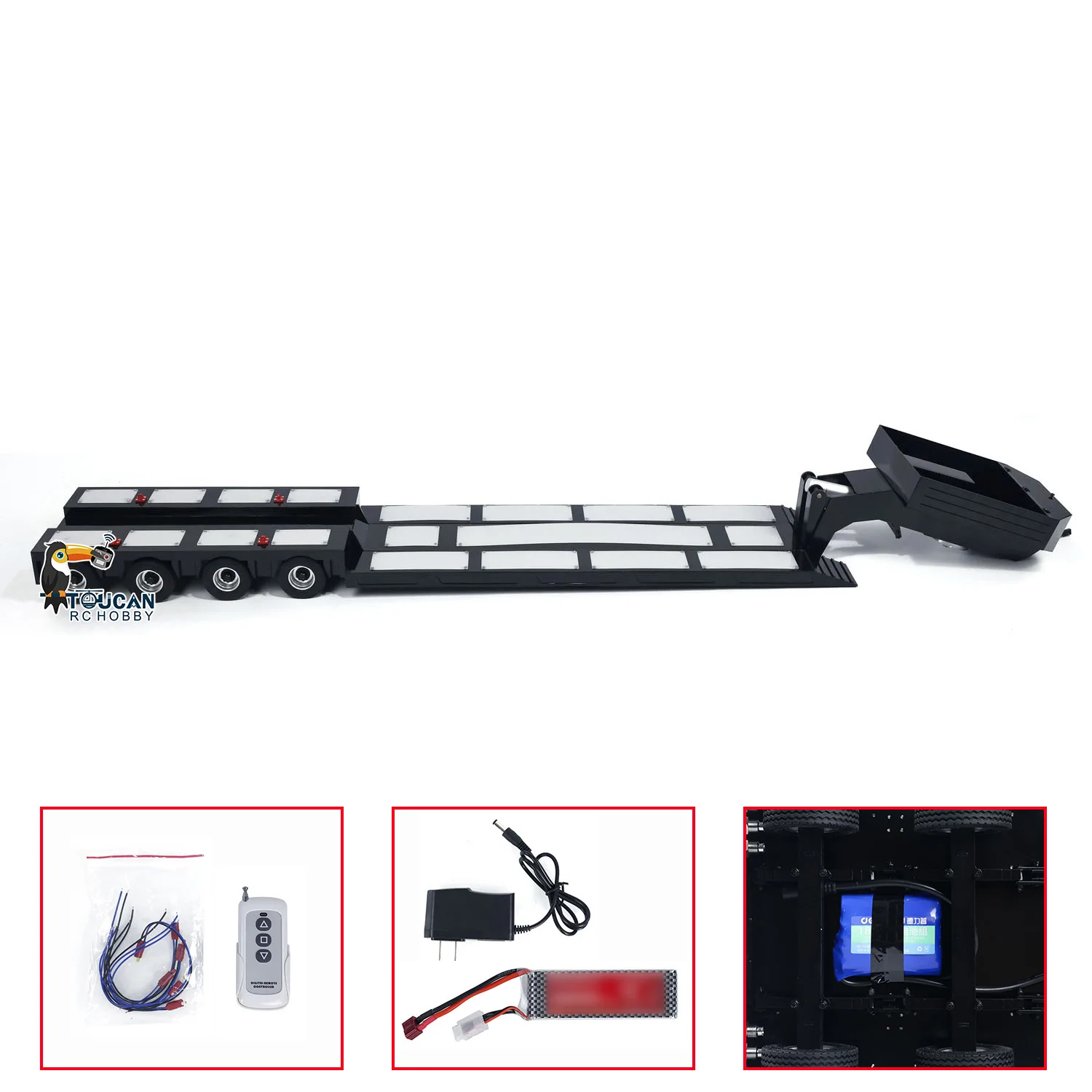 RC 4 Asse Rimorchio In Metallo Allungabile Semi-rimorchio Luce Posteriore LED per Il Giocattolo 1/14 Bilancia di Controllo Remoto Trattore Camion Auto Rimorchi Modello