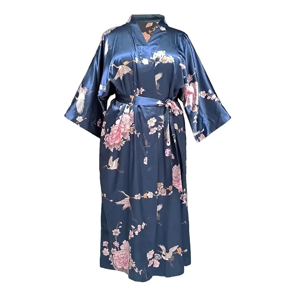 

DOT BOUTIQUE 696 Женский длинный халат-кимоно больших размеров из гладкого атласа с шелковистым эффектом, рукава 3/4, с цветочным принтом «Журавли»