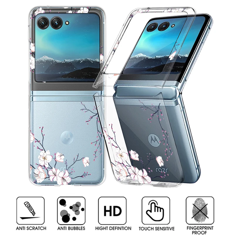 Klare Klapphülle mit Blumenmuster für Motorola Razr 40 50 Ultra Razr 40 Razr50, stoßfeste Stoßstange, transparente harte PC-Telefonabdeckung