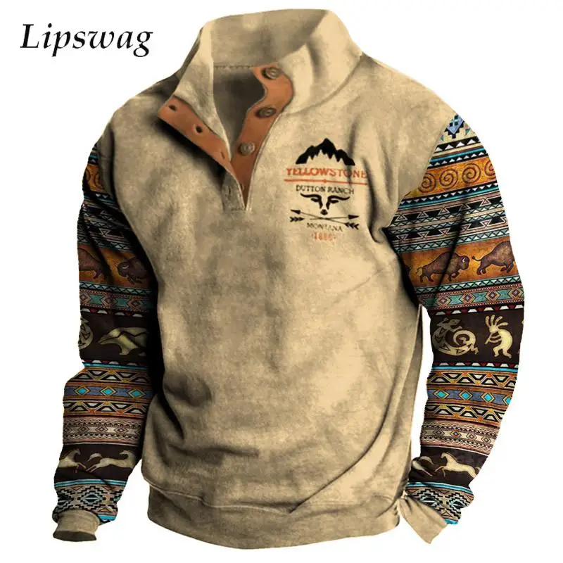 

Cowboy Print Patchwork Sweatshirt For Men Autumn Vintage Buttoned Stand Collar Hoodie Casual Mens Long Sleeve Loose Sweatshirts