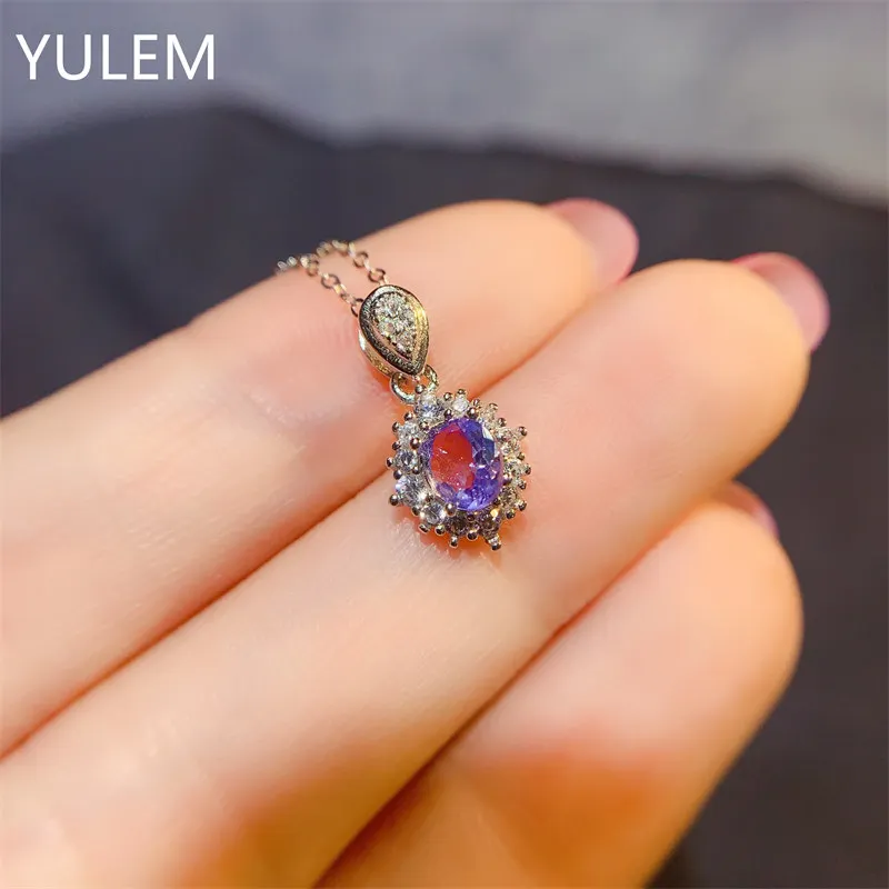 YULEM Vintage Sterling Silver Tanzanite Necklace Pendant for Party 4x5mm 100% Natural Tanzanite Pendant Gift for Girl Friend