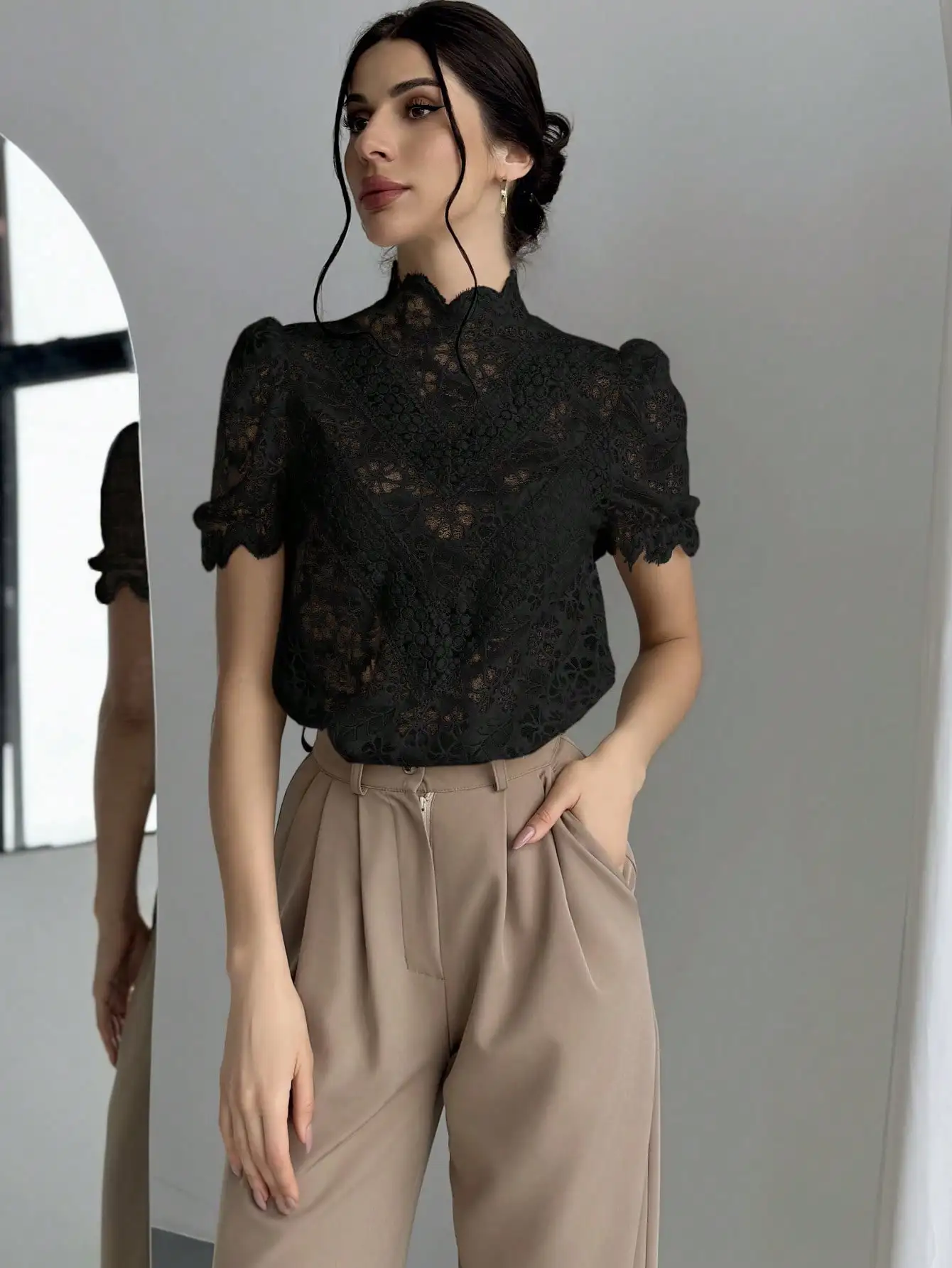Blouse Women Y2K Black 25 Spring Summer Lace Sleeve High Neck Loose Fit Sexy Casual Streetwear Office Ready Dinner Date Weekend