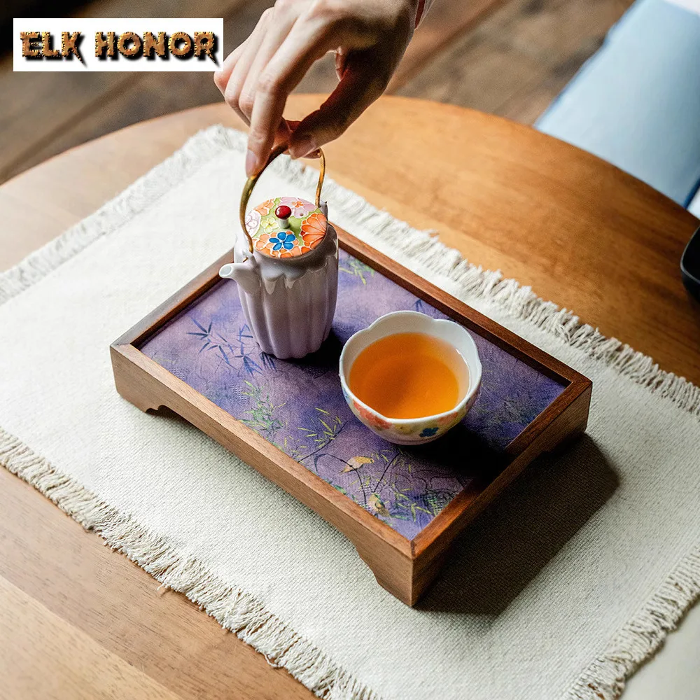 Walnut Cloud Veil Flowers And Bamboo Rectangle Tea Tray Cake Rack Coffee Storage Board Tea Furniture Dishes For Serving Teaware view 5