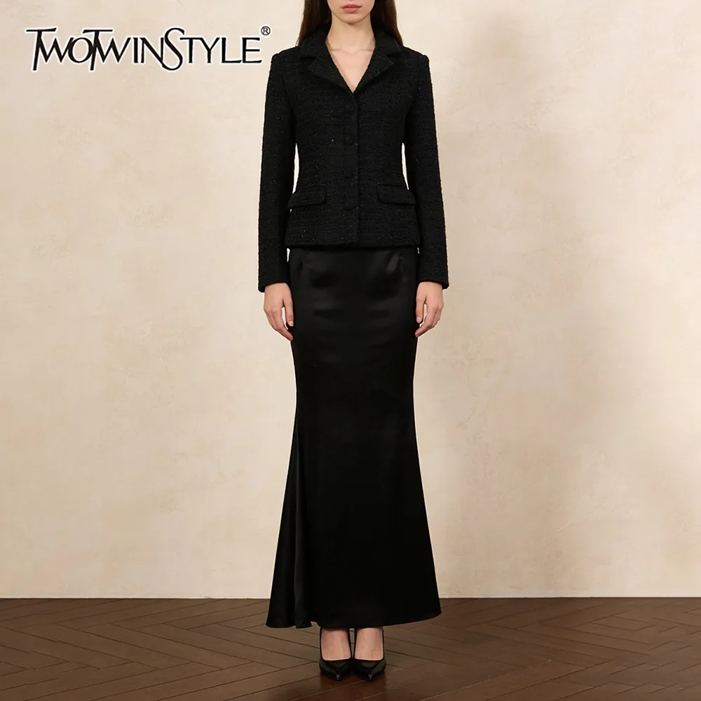 

TWOTWINSTYLE Black Spliced Pocket Two Piece Set Female V Neck Long Sleeve Jacket Gentle Elegant Women's Skirt Set Autumn Fashion