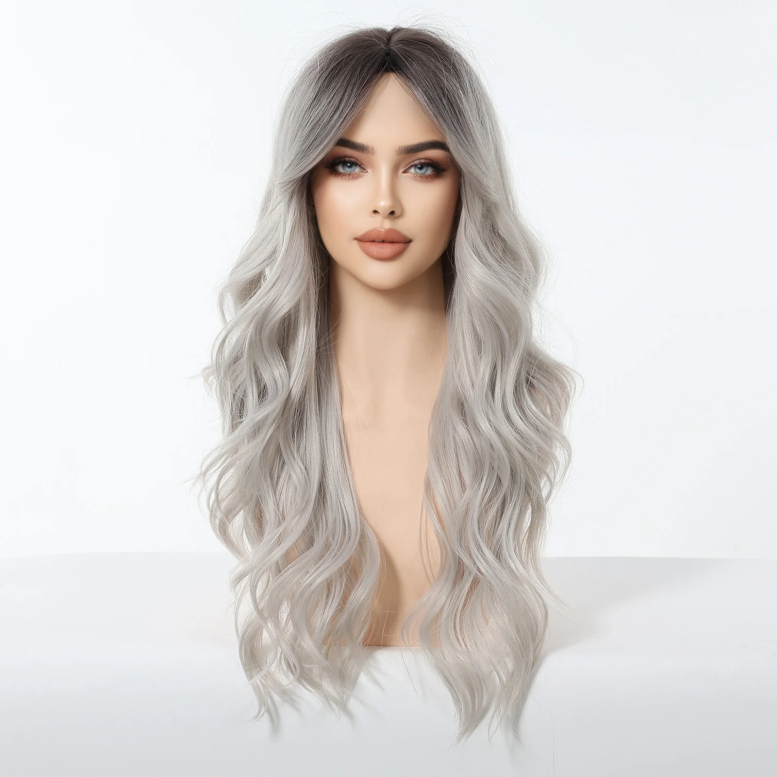 Allbell Magique – perruques synthétiques grises ombrées avec frange latérale pour femmes, faux cheveux naturels ondulés en Fiber résistante à la chaleur pour Cosplay de fête