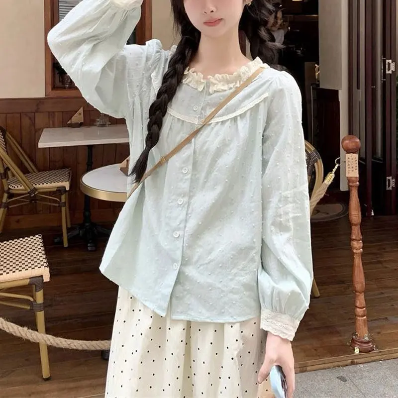 

Spring Autumn Sweet Shirt French Style Lace Spliced Women's Clothing Polka Dot Chic Single-breasted Commute Long Sleeve Blouse