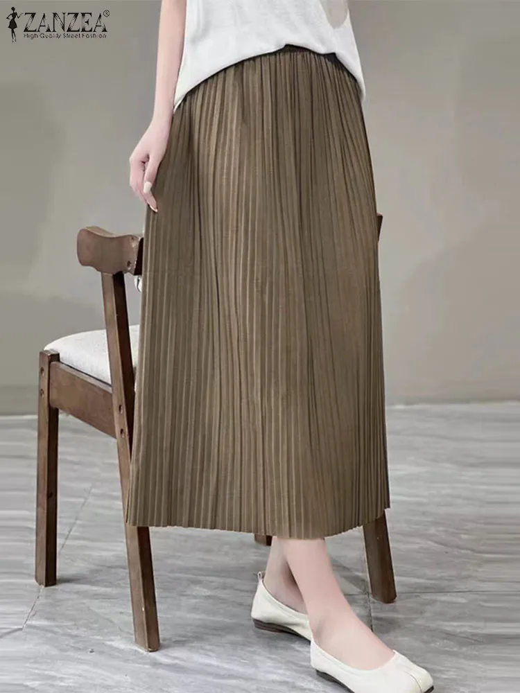 

ZANZEA Elegant Straight Pleated Midi Skirt Women Vintage 2024 Summer Long Skirt Saias Casual Mid Waist Jupes Loose Office Faldas