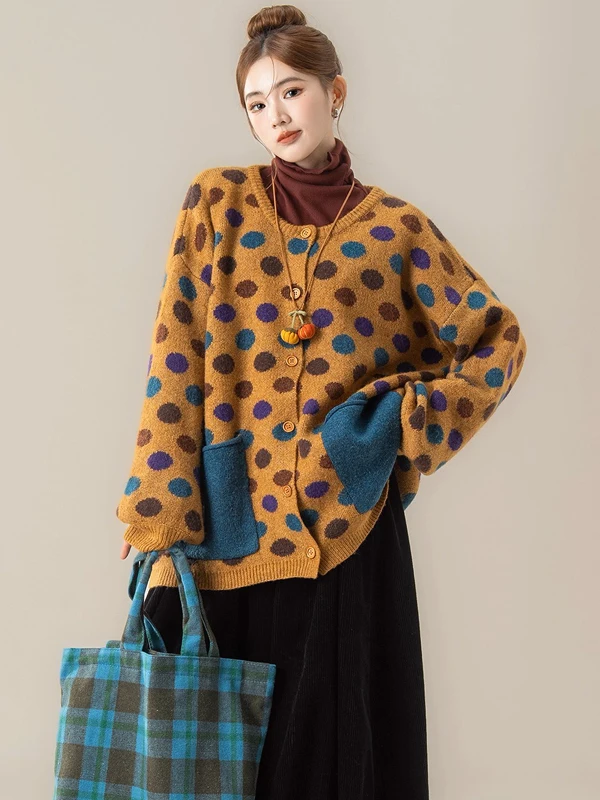 

Желтый японский свободный вязаный открытый кардиган в стиле ретро Lazy Long Sve, женский осенний новый свитер в горошек, топ