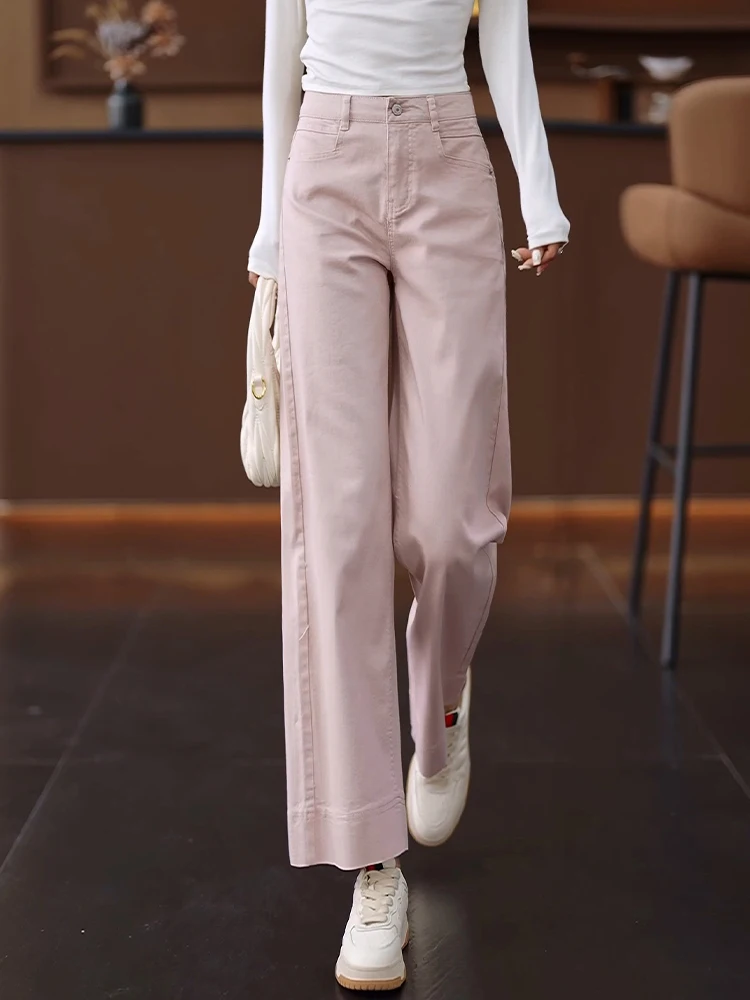 

Розовые прямые джинсы для женщин, повседневные брюки с высокой талией, облегающие, широкие штанины, длина 7/8, весна-осень, новинка, размер S