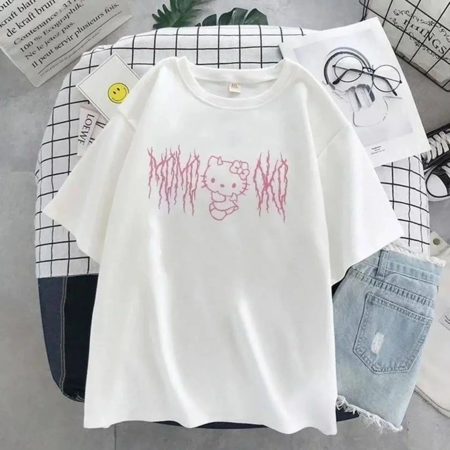 アメリカンレトロ楽しい漫画かわいいハローキティ Tシャツ夏の女性のプラスサイズ Tシャツルーズカジュアル多用途半袖トップ