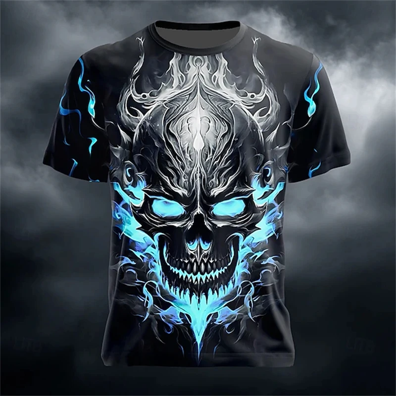 

Terror Flame Skeleton 3D Printed Men's Fashion Round Neck T-Shirt Casual Short Sleeve Loose T-Shirt Trendy Men's Wear Halloween