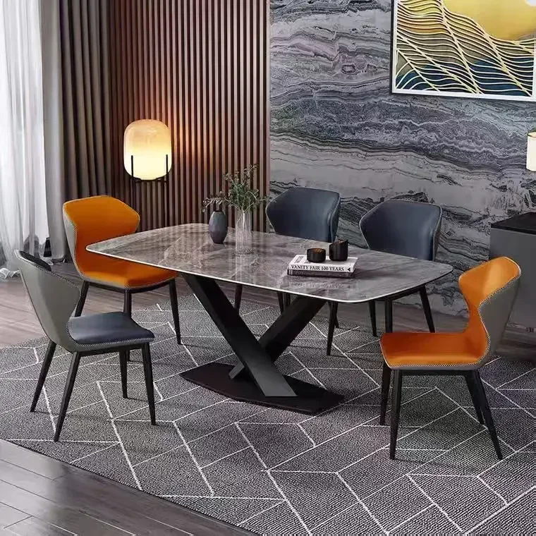 

For Italian stainless steel leg rock plate table modern sintered stone dining table and chair