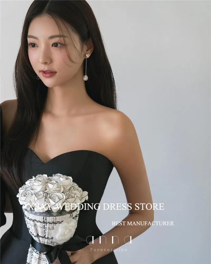 XPAY Simple A Line Black Korea Evening Dresses Customised Photo shoot Corset Back Floor Length Wedding Photo shoot Corset Back