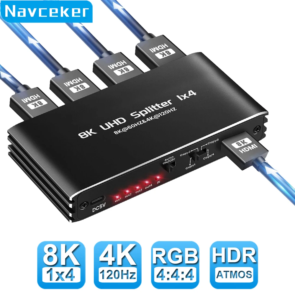 

Navceker 8K 60Hz Splitter HDMI 4 Outputs 4K 120Hz HDR HDMI 2.1 Splitter 1 In 4 Out Screens For Computer PS5 Xbox Apple TV