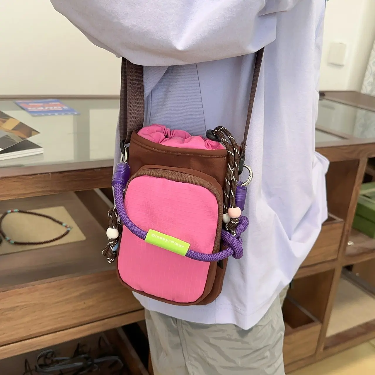 Y2K Color Block Grid Nylon Mini Crossbody Phone Bag Women Drawstring Pocket Knotted Rope Decor Lightweight Casual Shoulder Purse