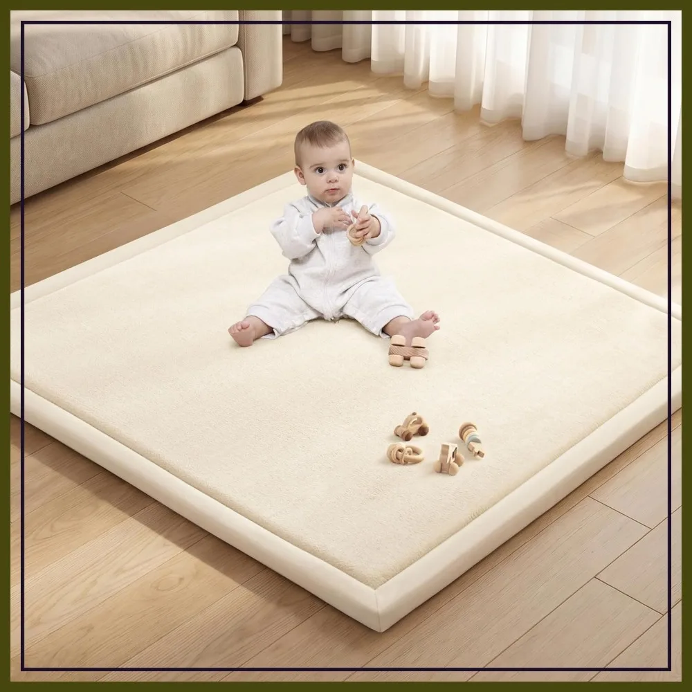 

1.3" Thick Elasti-Foam Baby Play Mat for Floor, Non-Slip Playroom Tatami-Style Nursery Mat for Tummy Time & Crawling, Padded Cushioning, Beige