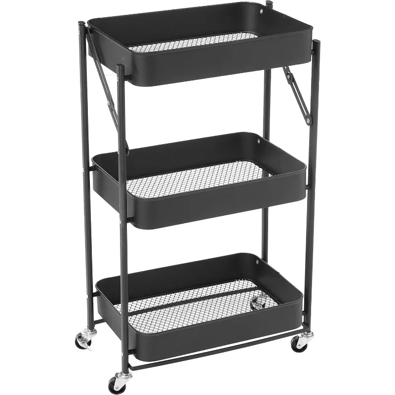 3 Tier Foldable Metal Rolling Storage Utility Cart, No Tools Assembly