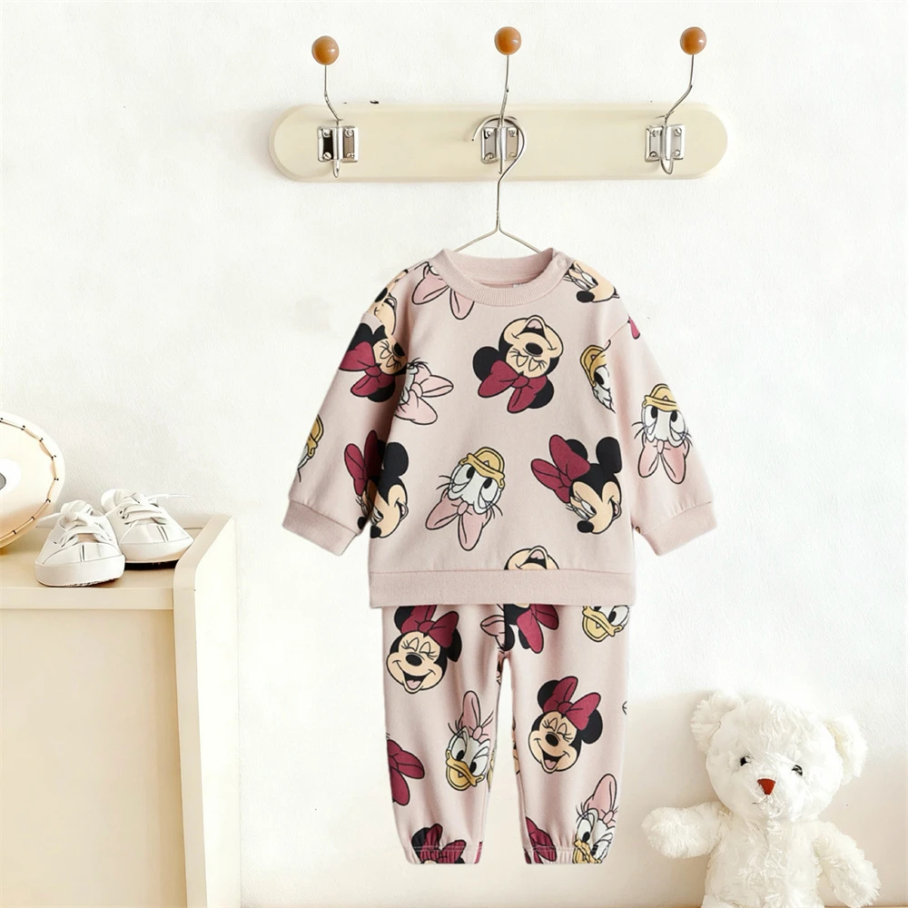 بدلات مطبوعة بالكامل للبنين والبنات بلوزات كرتونية + سراويل 2 قطعة أزياء الخريف للأطفال ميني ميكي ملابس لطيفة بأكمام طويلة