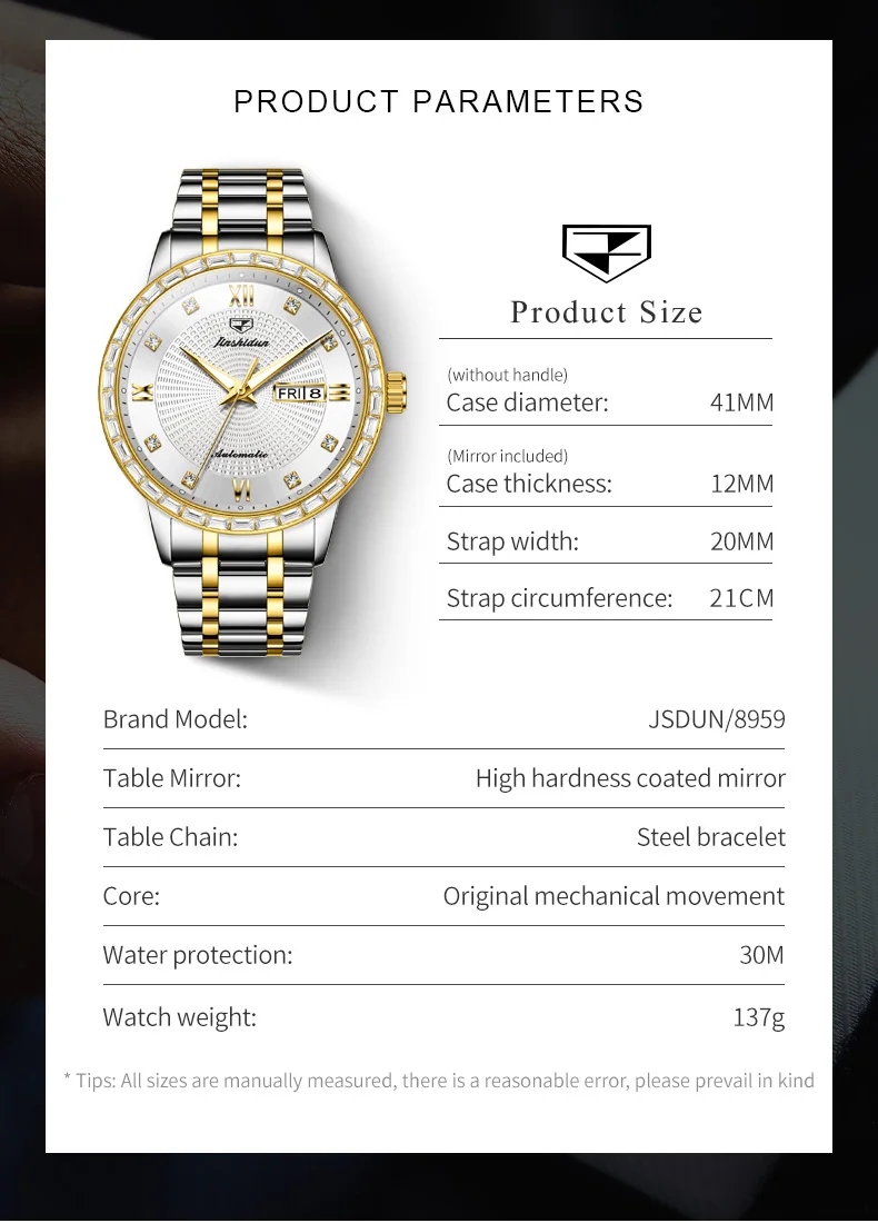 JSDUN 8959 Men's Watches Top Original Diamond Bezel Calendar Waterproof Automatic Mechanical Wristwatch for Men Luxury Man Watch