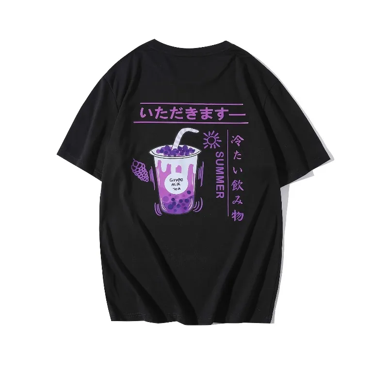 Purple Bubble Tea with Japanese Text Graphic Print 100% Cotton Mens T Shirt for Summer Streetwear Fun and Playful Vibe