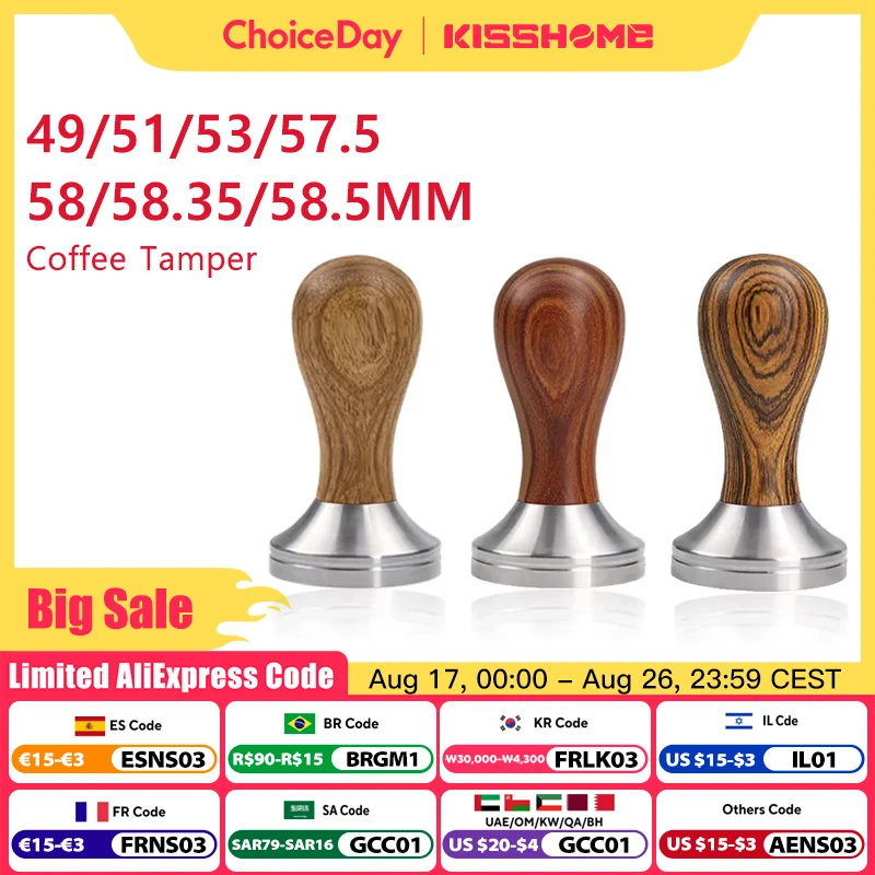 Kaffee-Stampfer, 41 mm, 49 mm, 51 mm, 53 mm, 57,5 mm, 58,35 mm, Holzgriff, Edelstahl, Delonghi Breville Barista, Espresso-Zubehör