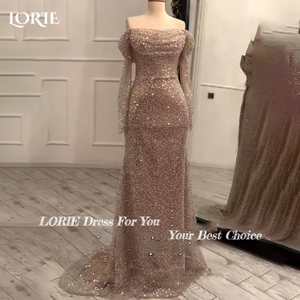 LORIE Off Shoulder Long Mermaid Evening Dres Long Sleeve Shiny Sparkly Saudi Party Dress Customized Prom Gowns Cocktail Dress