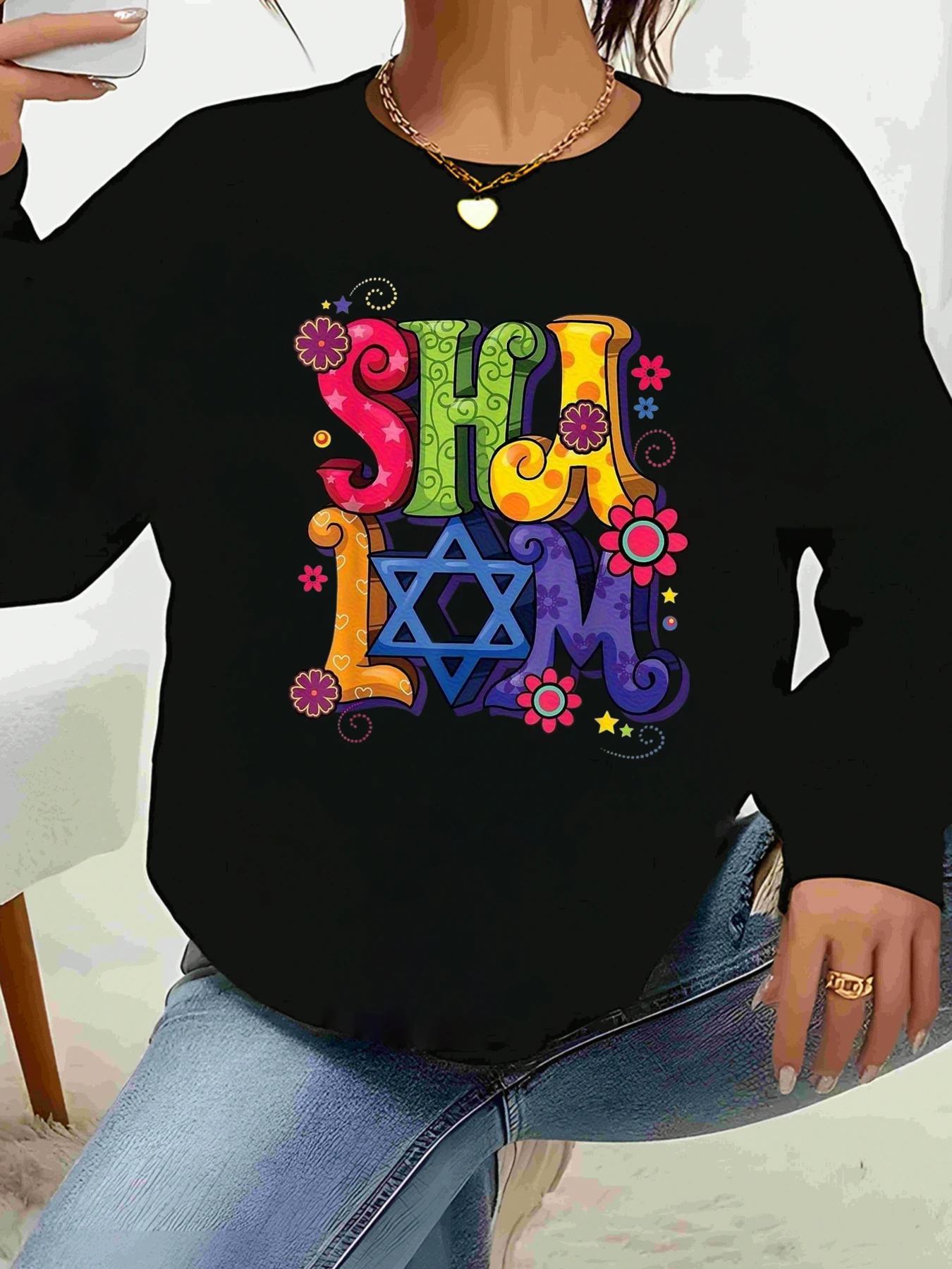

Shalom Colorful Floral Design Hanukkah Long Sleeve Sweater Casual Wear Women