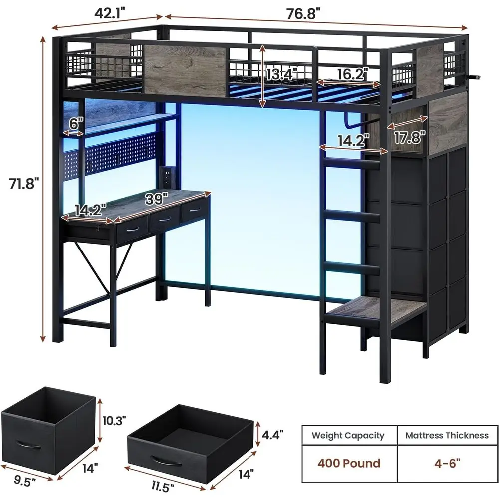 سرير علوي بحجم مزدوج مع مكتب، 11 درج تخزين، علوي معدني للأطفال مع أضواء RGB، محطة شحن، أرفف ورف ملابس، 13