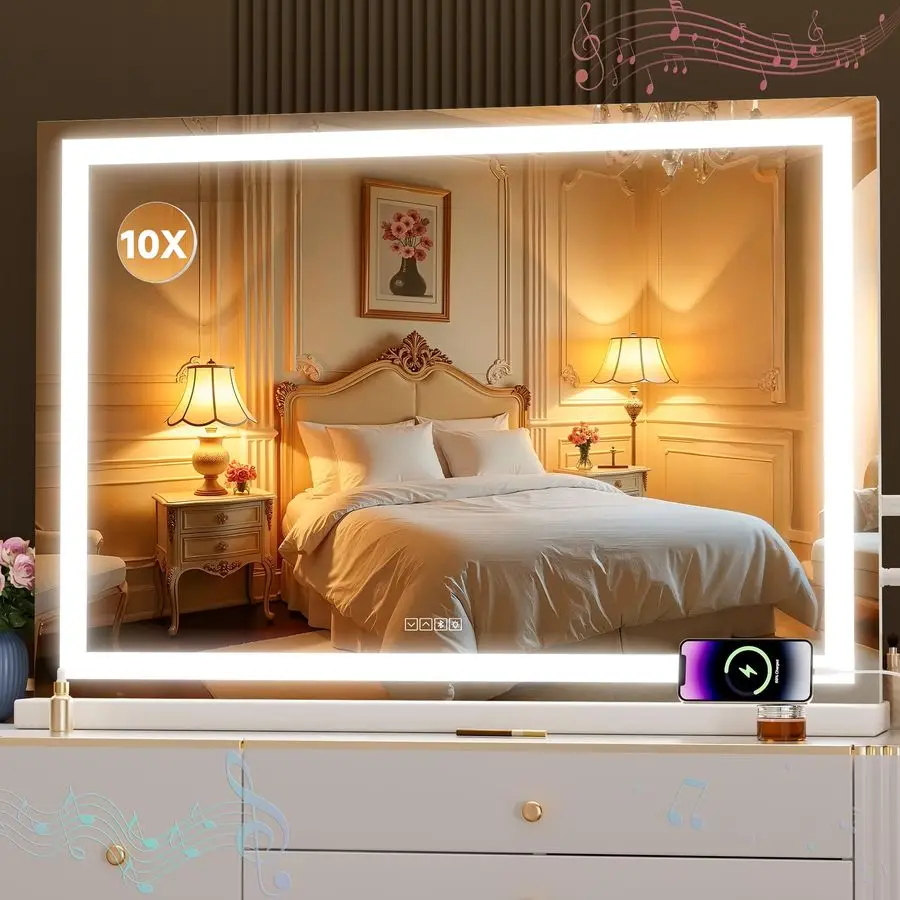 مرآة زينة مع أضواء، مرآة مكياج 37 × 25.6 LED مع مكبر صوت بلوتوث، مستشعر لمس، 3 ألوان فاتحة، قابلة للتعتيم، إطار معدني، مع #1