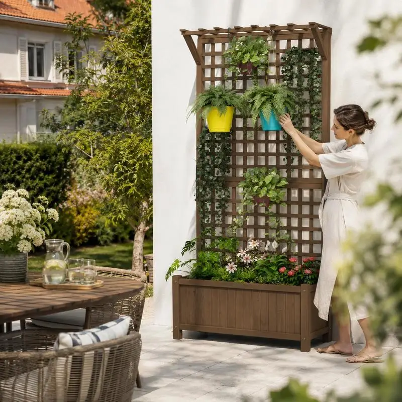 Jardinière de jardin avec treillis pour plantes grimpantes en bois de sapin, 90x45x183 cm, Marron, Conteneur de jardin surélevé multi-usage pour extérieur, adapté aux plantations dans les cours résidentielles et à la culture de cultures saisonnières