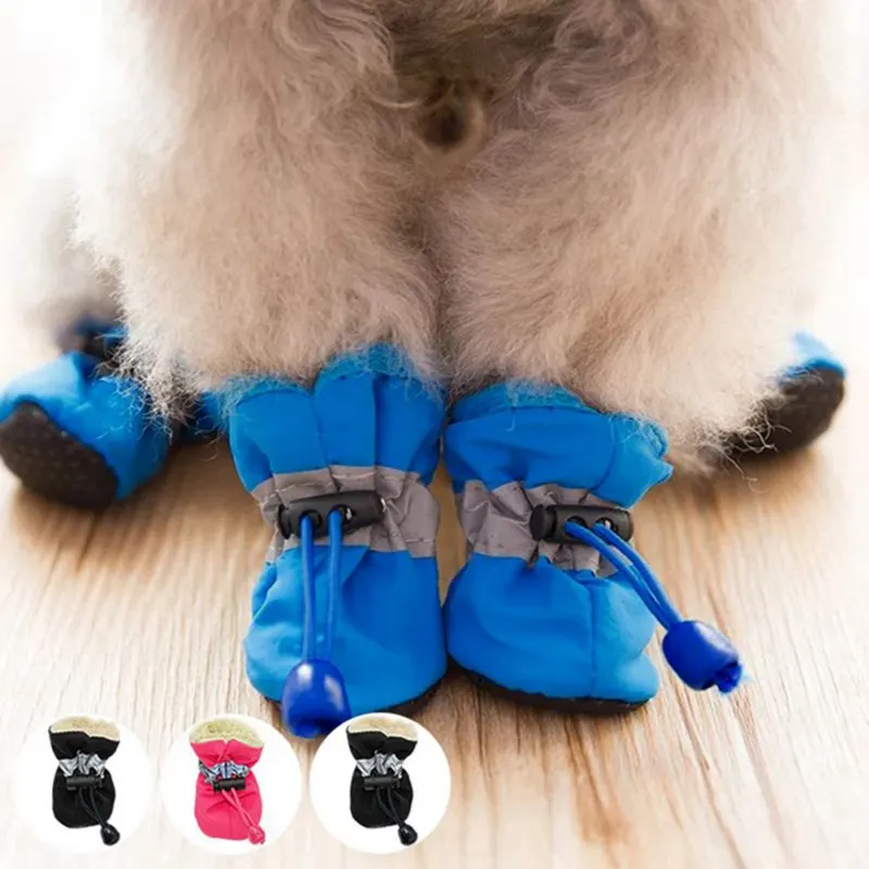 4Pcs/Set Winter Dog Shoes Plush Warm Pet Reflective Soft Shoes Non-slip Dog Paw Care Thick Waterproof Puppy Chihuahua Boots Sock