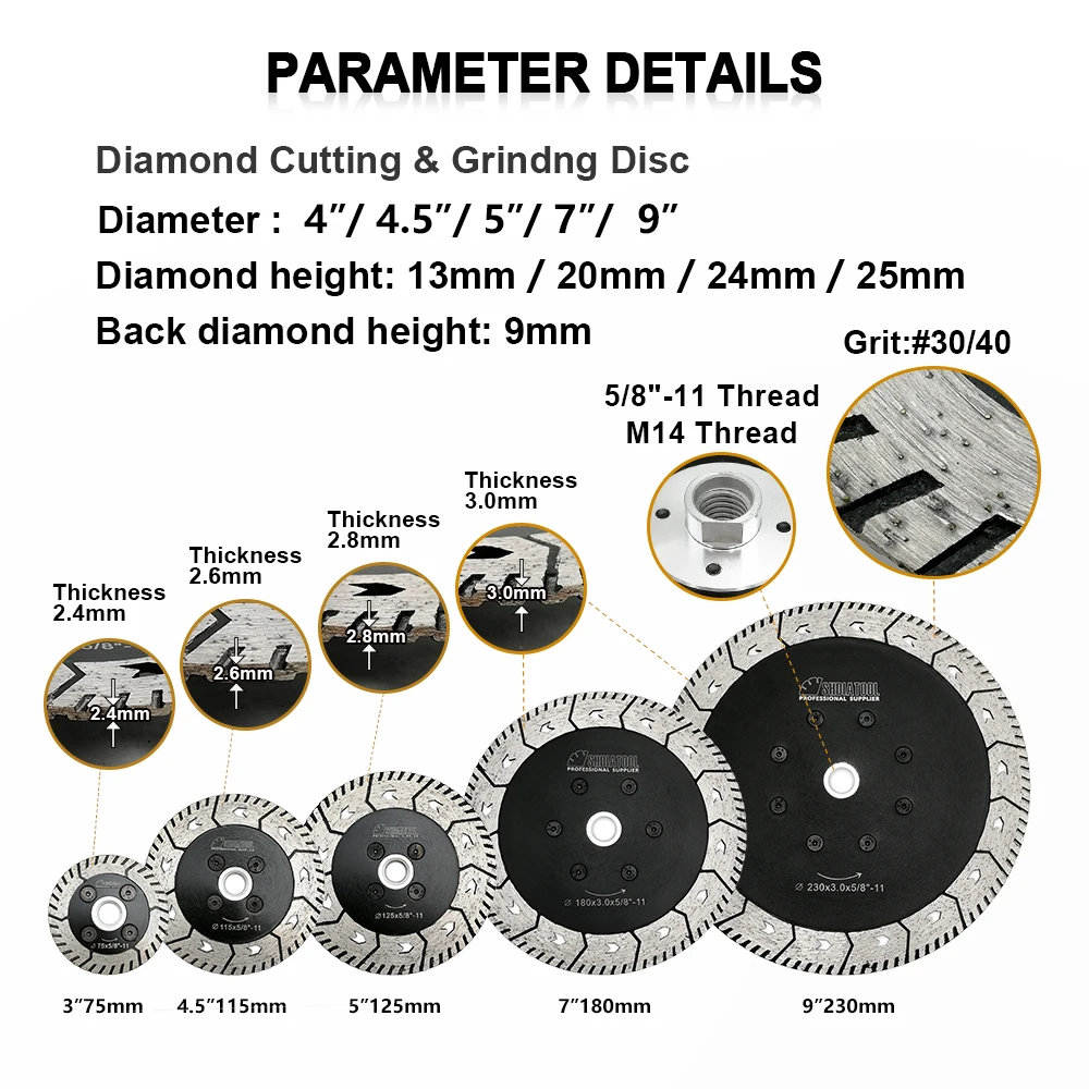 SHDIATOOL Diamond Tile Cutter Cutting Grindng Disc  Saw Blade 3" 4.5"115 or 5"125 Dual Cut Grind Sharpen Granite Marble Blades