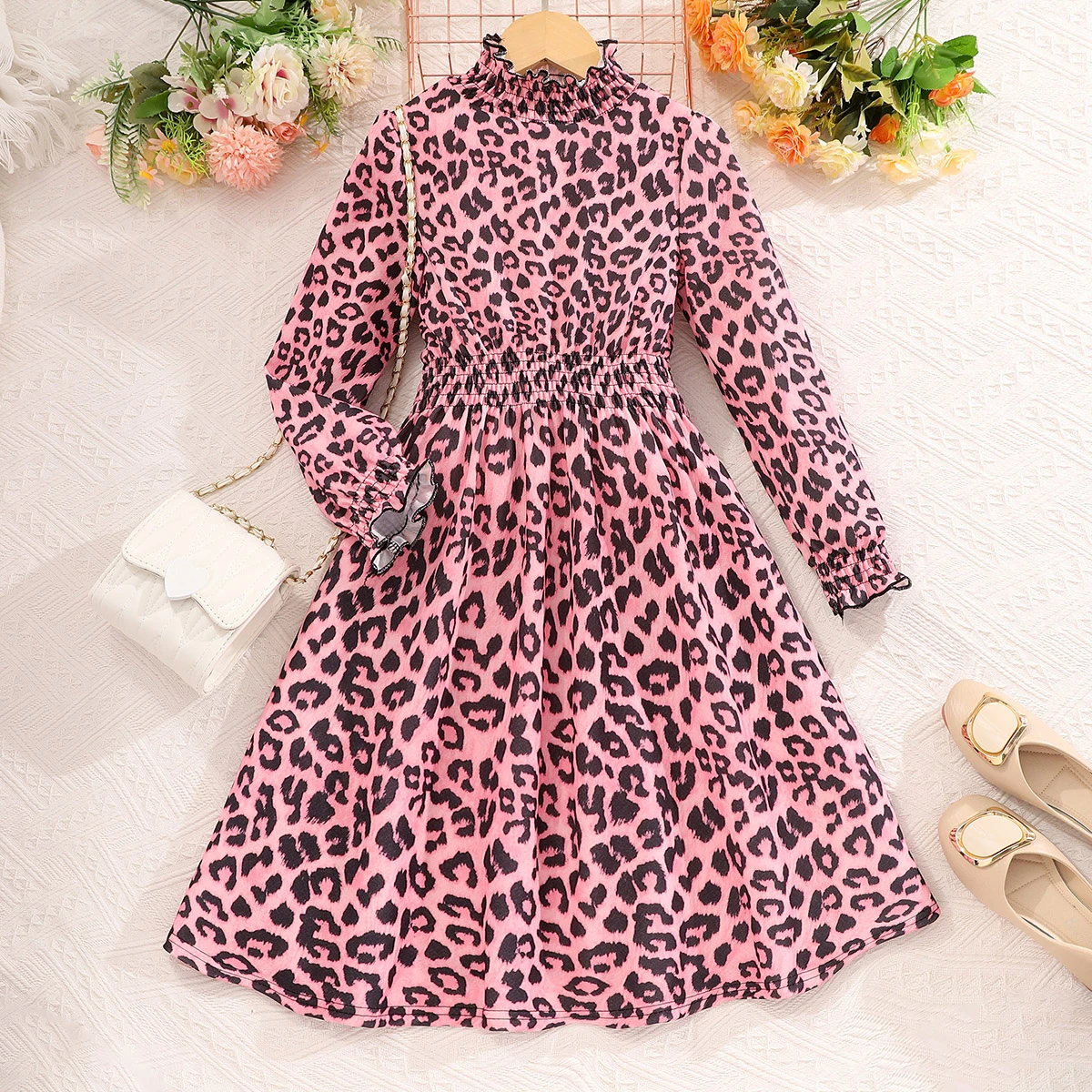 2024 Kids Girls Clothes Spring Long Sleeve Leopard High Neck Fashion Children Dress Party Girls Dresses 8 9 10 11 12 Years Old