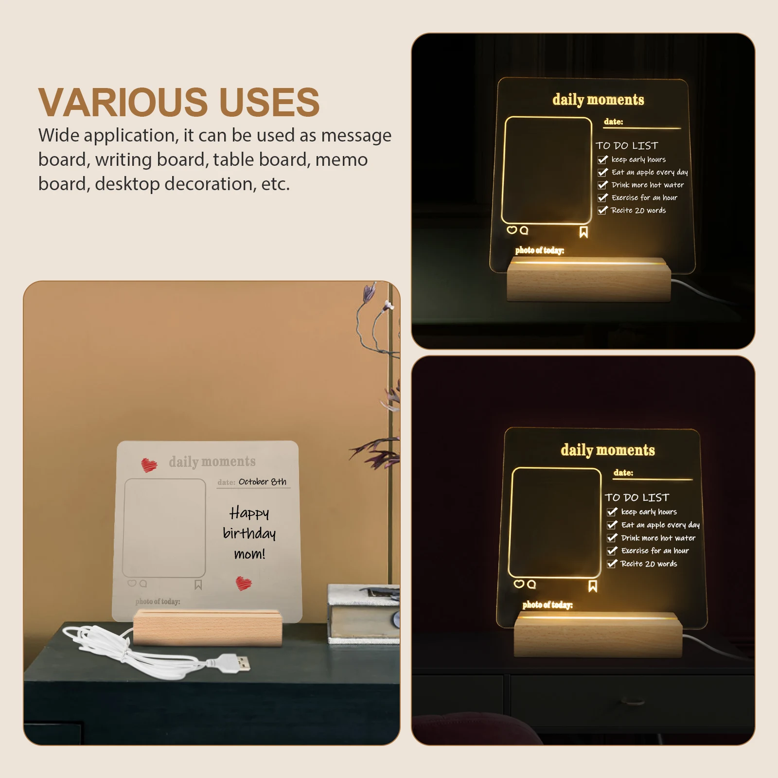 

LED Message Board Writing Erasable Light Lighted Note Dry Erase Memo Handwriting Menu Beech