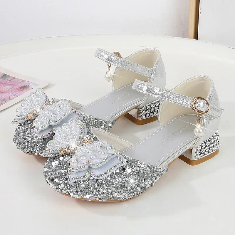 Girls' High Heels Fashion Pearl Bow Children's Princess Shoes Summer Girls' Crystal Sandals Silver Performance Shoes