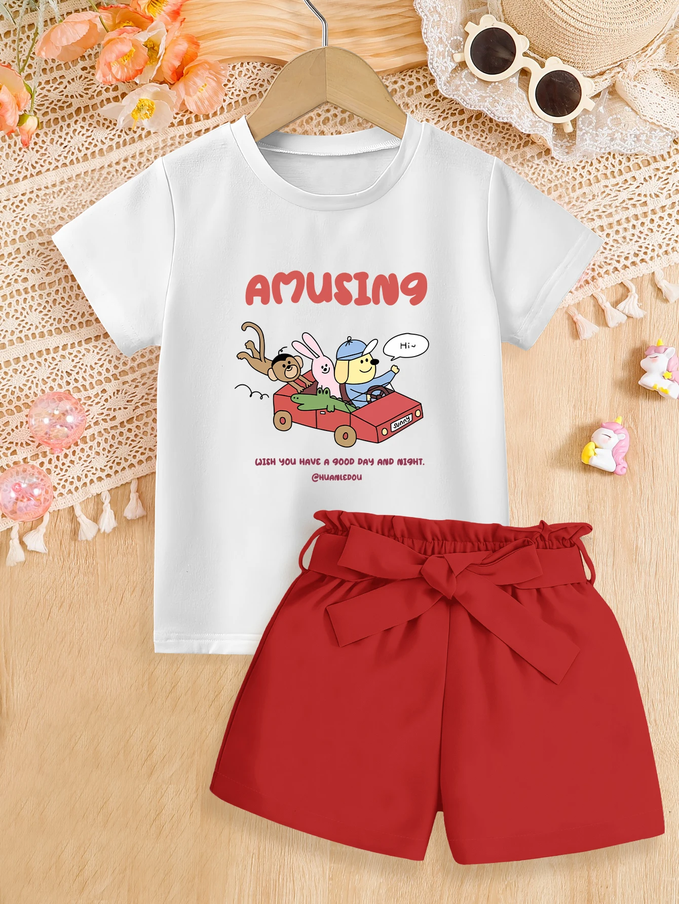 

Комплект из 2 предметов: летний комплект для девочек, футболка с милым мультяшным принтом кролика, собаки, обезьяны, крокодила, тканые шорты с бантом