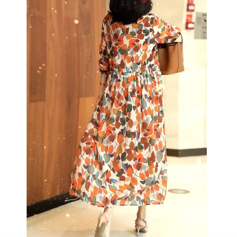 Fashion Long Sleeve Loose Printed Midi Dress 2024 Spring Summer Women's Clothing Korean V-Neck Lace Up Ladies Elegant Dresses