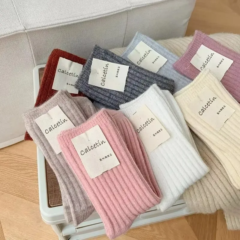 

New Winter Cashmere Wool Women Socks Casual Japanese Fashion Solid Color Thicker Long Sock Girls Thermal Warm Crew Sock