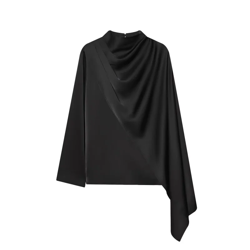 ETJ 2026 Lente nieuwe dames elegante mode sjaal ontwerp satijnen drape top asymmetrisch gerimpeld shirt met lange mouwen - afbeelding 1