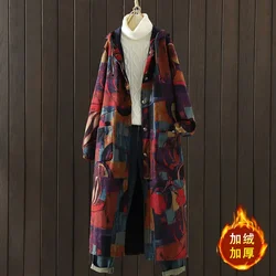 Autumn Winter Print Cotton Coat Women's Clothing Vintage Warm Mid-length Cotton-padded Jacket Hooded Pocket Design Outerwear New