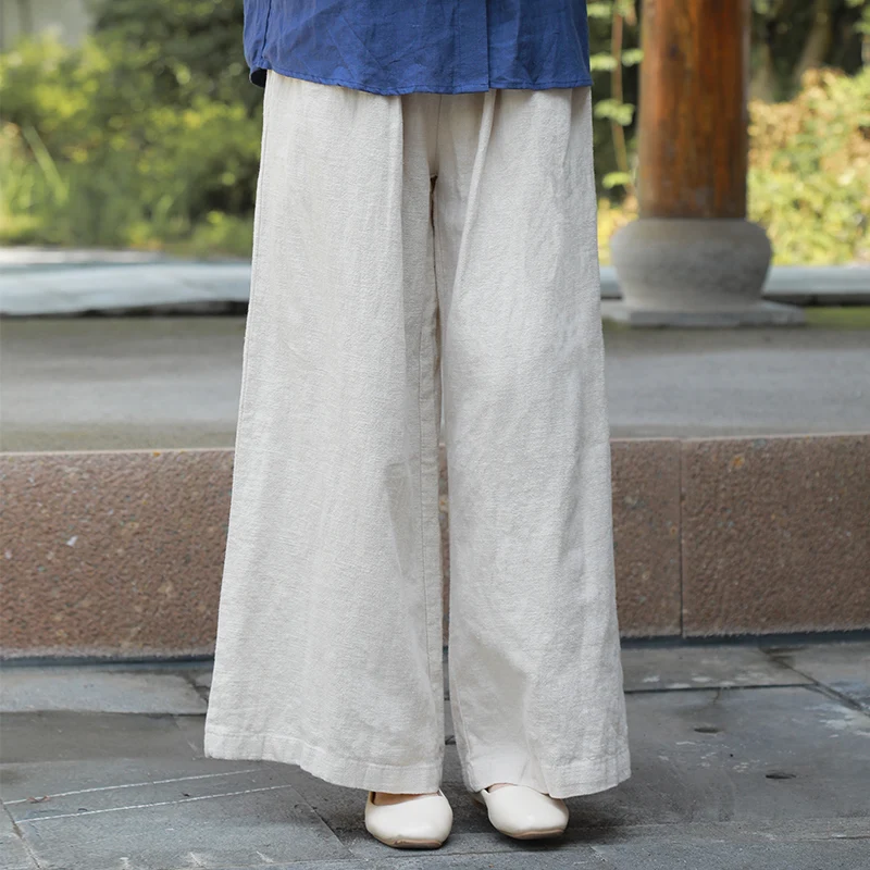 

LZJN Cotton and linen leisure retro all-style travel nine-point pants plus size elastic waist wide leg pants