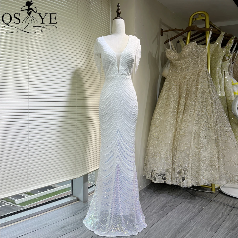 

Twill Sequin White Evening Dresses Mermaid Lace Prom Gown V Neck Beading Cap Sleeves Fit Elegant Women Party Formal Dress 2024