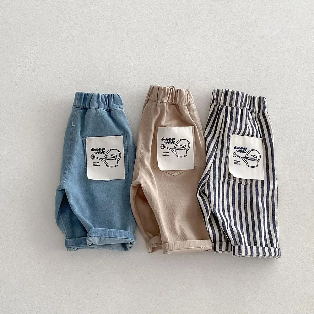 1-5Y Kids Jeans Stripe Denim Pants Loose Straight Patchwork Pocket Boys Trousers Mid Waist Kids Outfit Pants