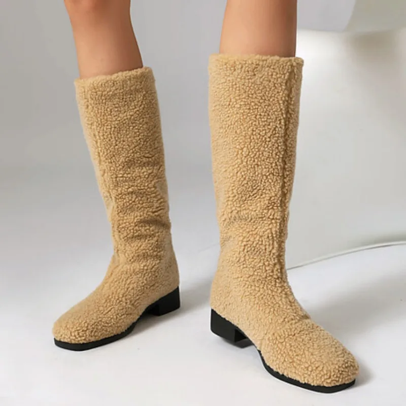 

2025 Artificial Wool Winter Knee High Boots with Short Plush Lining Fashion New Round Toe 3cm Flat Brown Women's Shoes 35-43