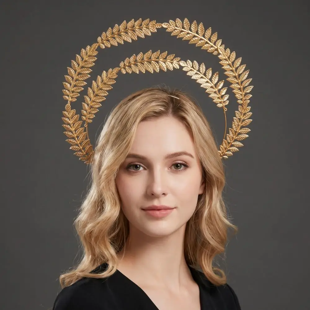Gold Plated Halo Crown Wheat Ear Leaf Vintage Baroque Tiara Headband Faux Pearl Inlaid Spike Design Goddess Headpiece